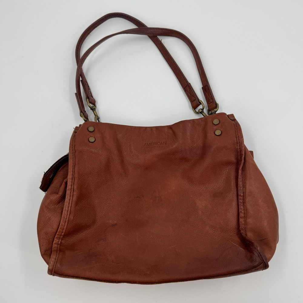 American Leather Co Cognac Brown Leather Shoulder Bag Hobo Zipper‎ Brass Rivets